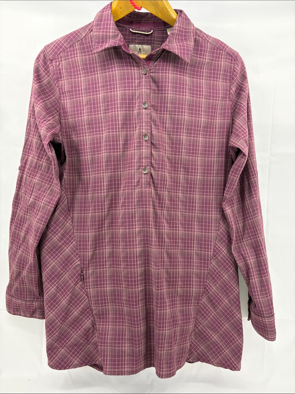 Royal Robbins Plum & Gray Plaid Quarter Button Travel Tunic w/ Pockets, sz M